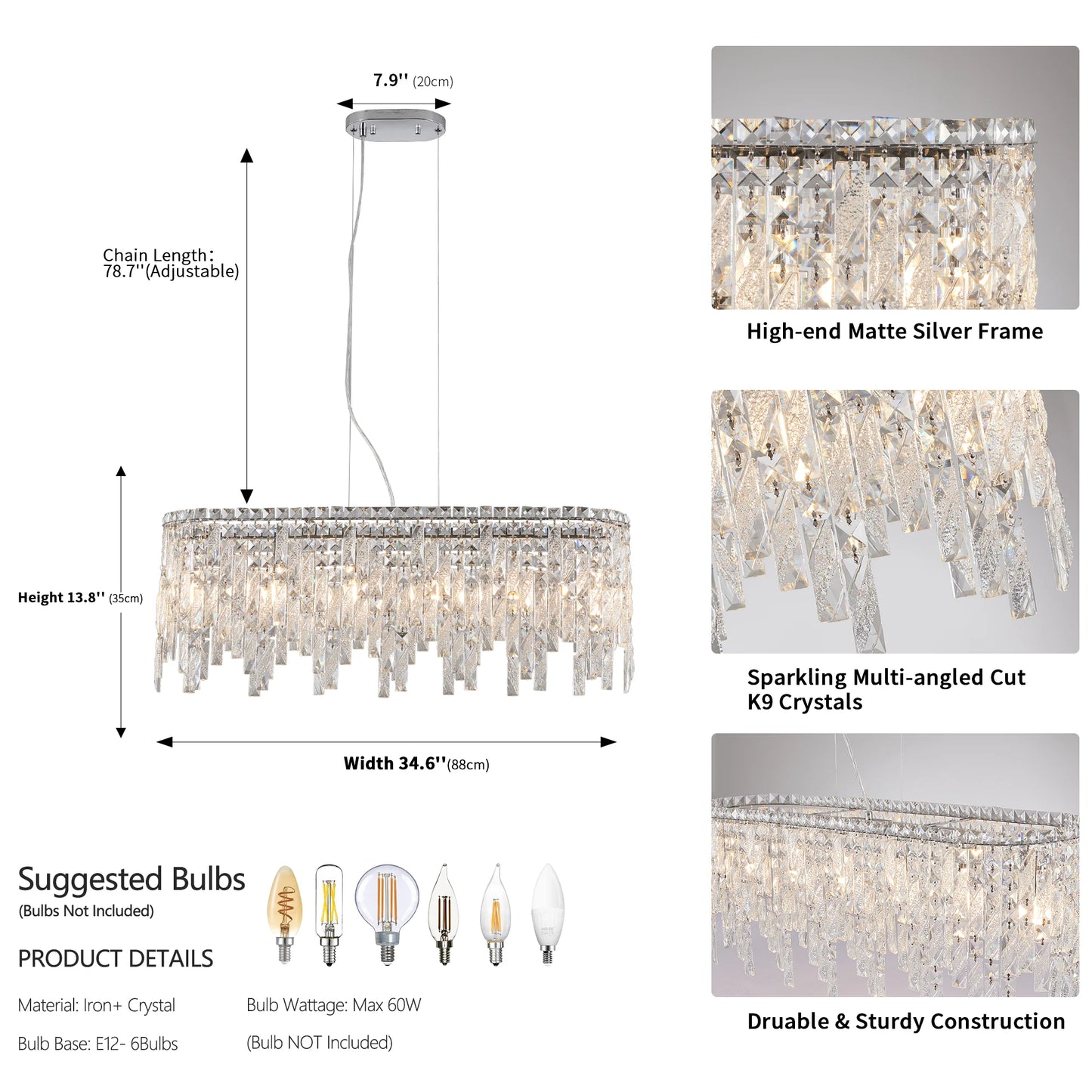 Silver Elegant Oval Crystal Chandelier